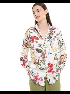Floral Satin Button-Down Blouse - Cream Multi